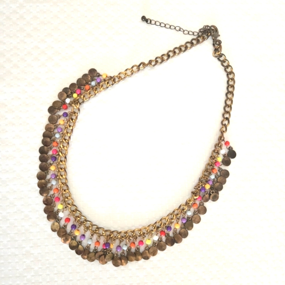 Multi Bead Dangle Necklace Thick Chain 18" Bohemian Festival Colorful READ